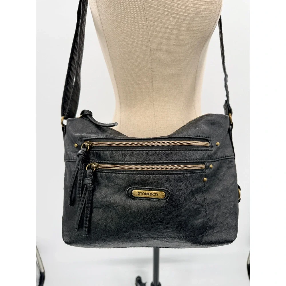 Stone & Co Black Crossbody Bag Multi Zip Pocket Distressed Leather Boho